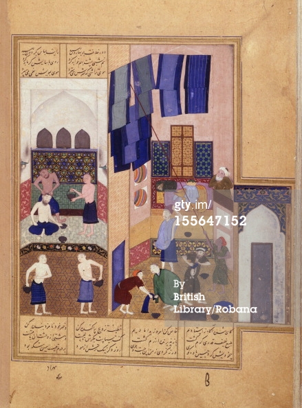 Harun al-Rashid and the barber. A miniature painting from a fifteenth century manuscript of Nizami 's Khamsa ( 'Five Poems '). Image taken from Khamsa. Originally published/produced in Herat 1494-1495. (Photo by The British Library/Robana via Getty Images)
